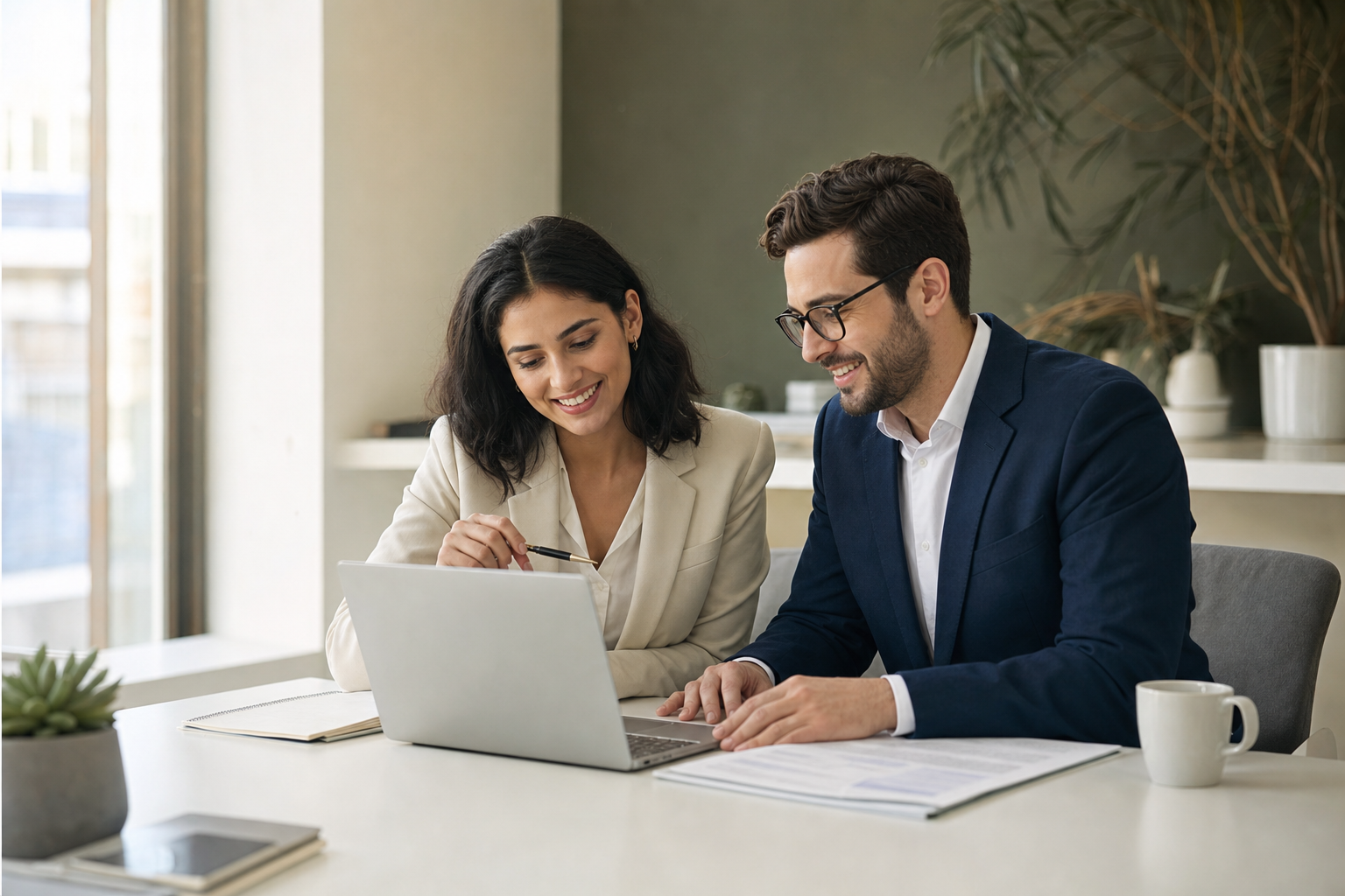 Professionals collaborating on documents in a modern office